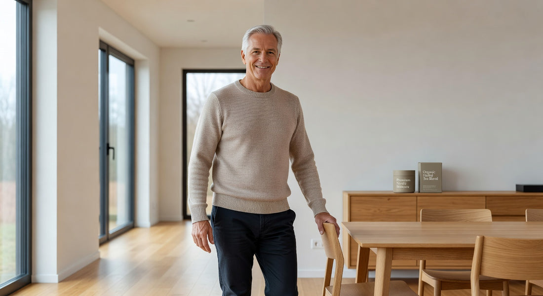 Personne senior sereine dans un intérieur européen moderne illustrant la qualité des couches fabrication Europe