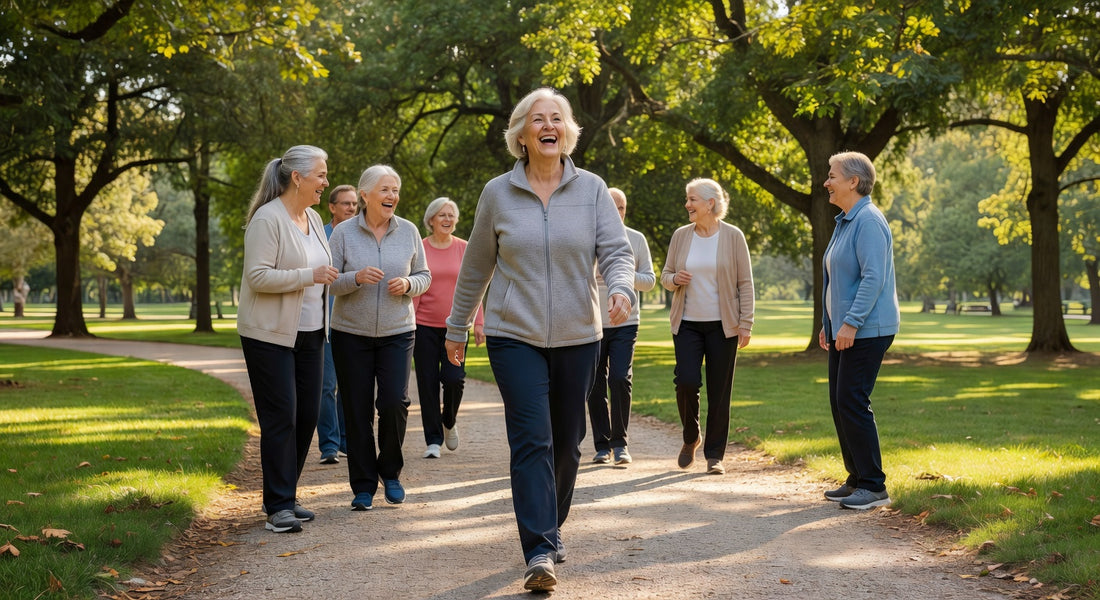 Femme senior active et souriante profitant d'une promenade malgré l'incontinence urinaire d'effort