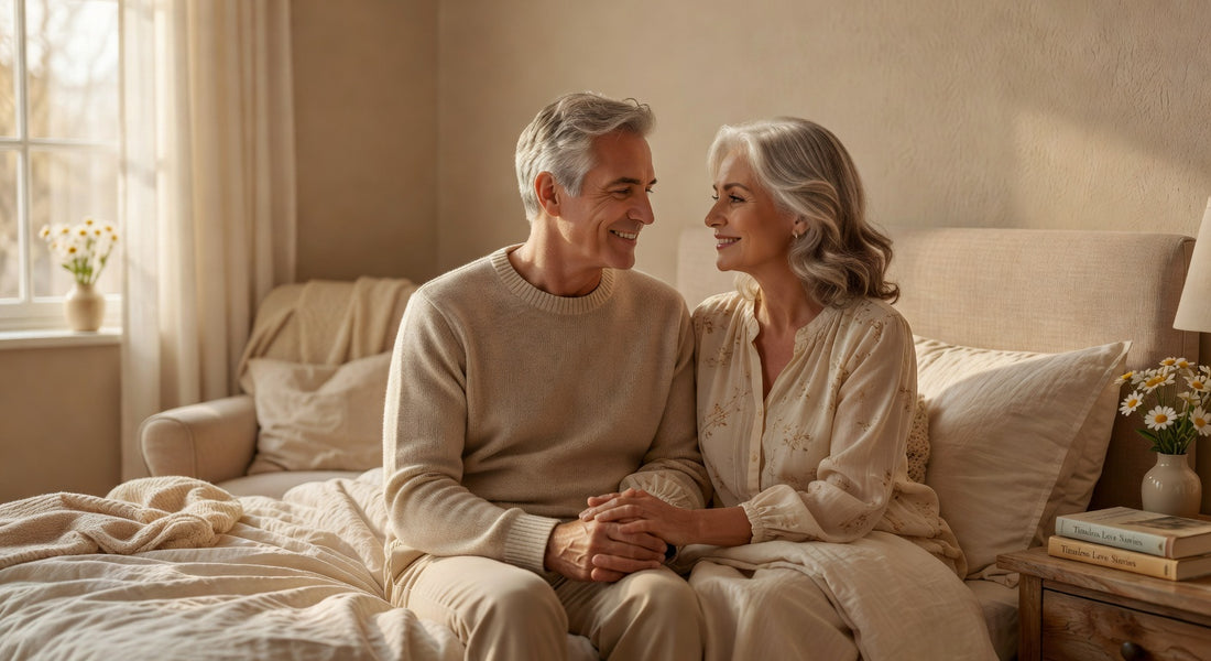 Couple senior souriant exprimant complicité et confiance malgré l'incontinence et sexualité