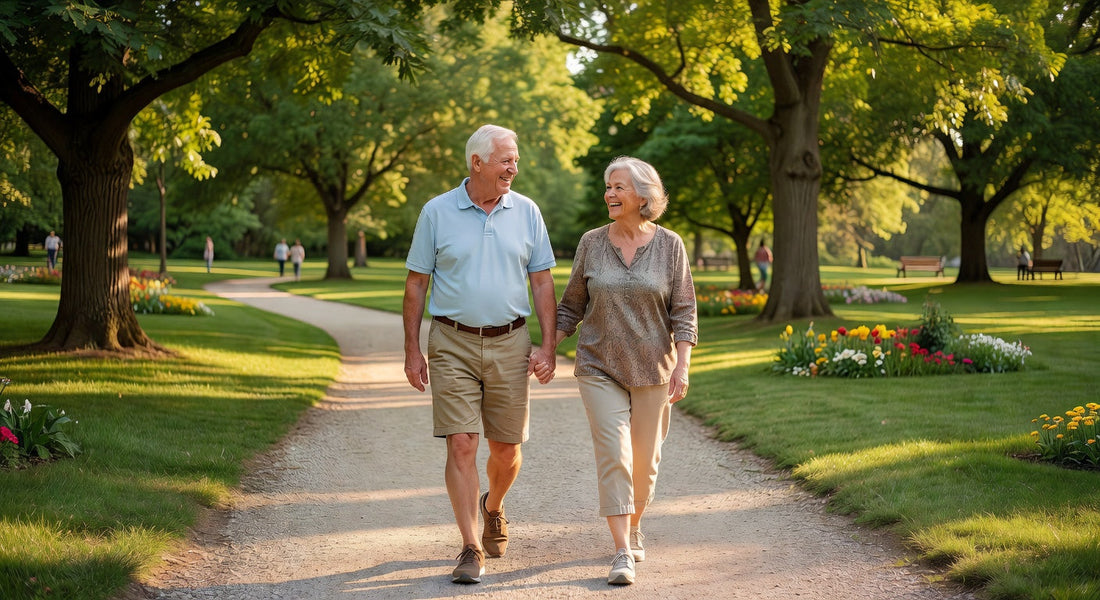 Seniors actifs se promenant sereinement avec protections incontinence usage quotidien
