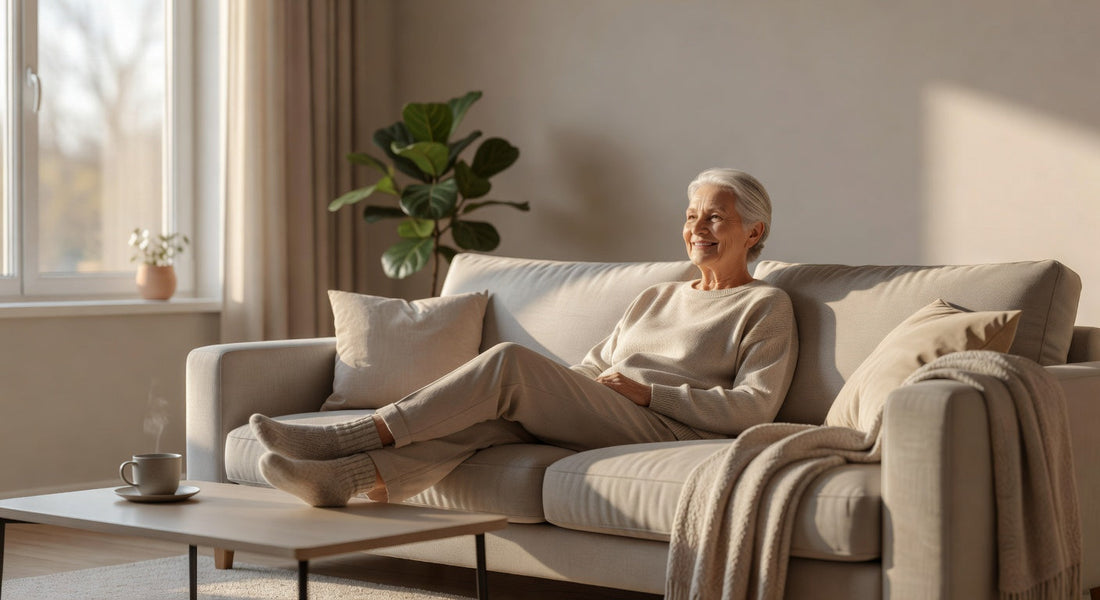 Personne senior détendue à domicile illustrant le confort d'un abonnement protections adultes discret sans engagement