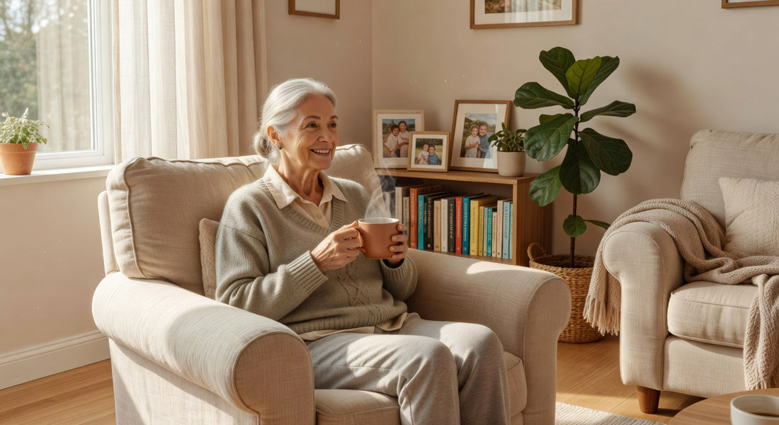 Personne senior sereine à domicile illustrant le confort quotidien malgré une hernie ligne blanche
