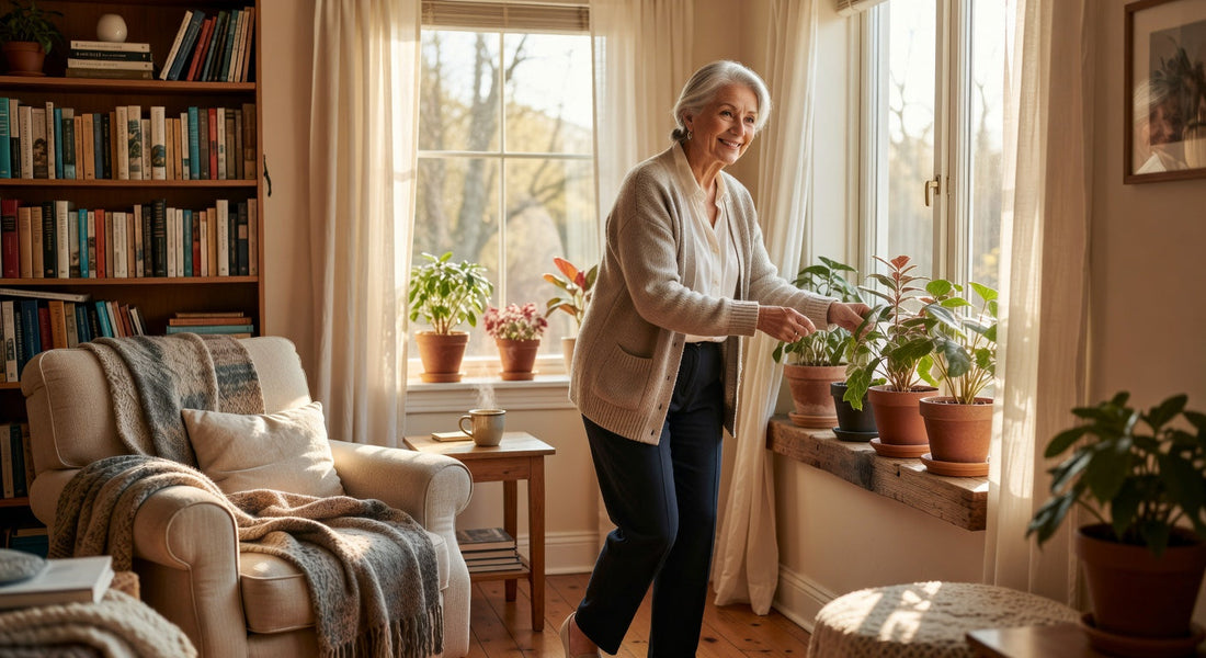 Personne senior active et sereine à domicile grâce aux couches adultes discrètes