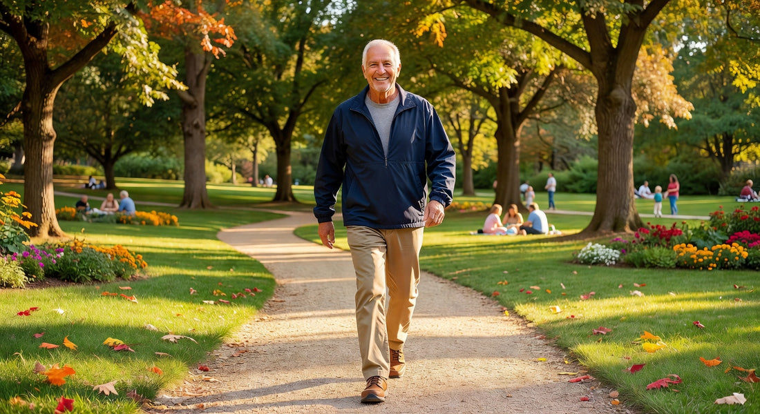 Senior actif profitant d'une promenade sereine malgré diabète et incontinence