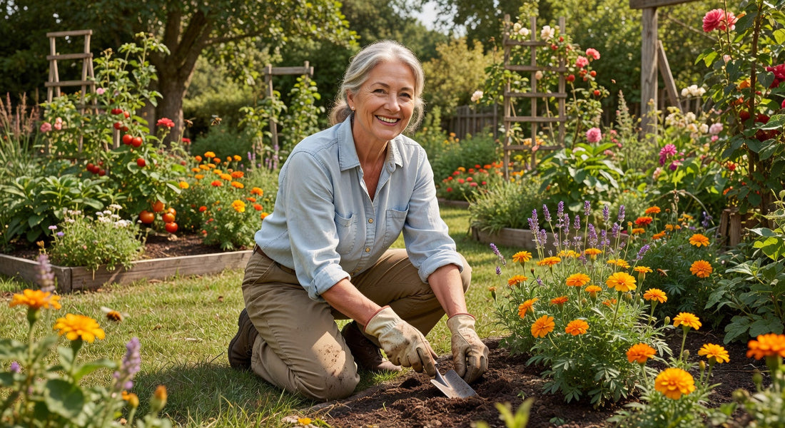 Femme senior souriante et sereine pratiquant le jardinage malgré l'incontinence urinaire légère