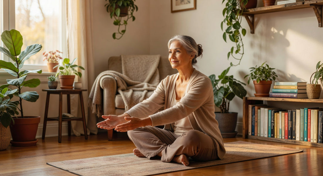 Femme senior pratiquant des exercices de rééducation périnéale à domicile dans un cadre confortable