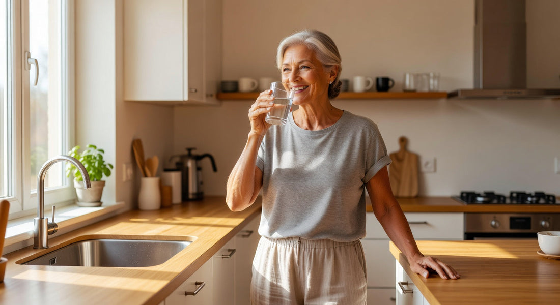 Femme senior souriante buvant de l'eau pour prévenir les brûlures urinaires et maintenir son confort