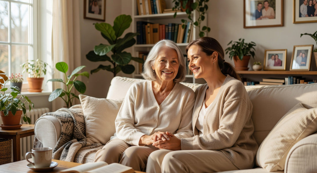 Accompagnement bienveillant d'une personne âgée atteinte d'Alzheimer par sa fille aidante dans un intérieur chaleureux
