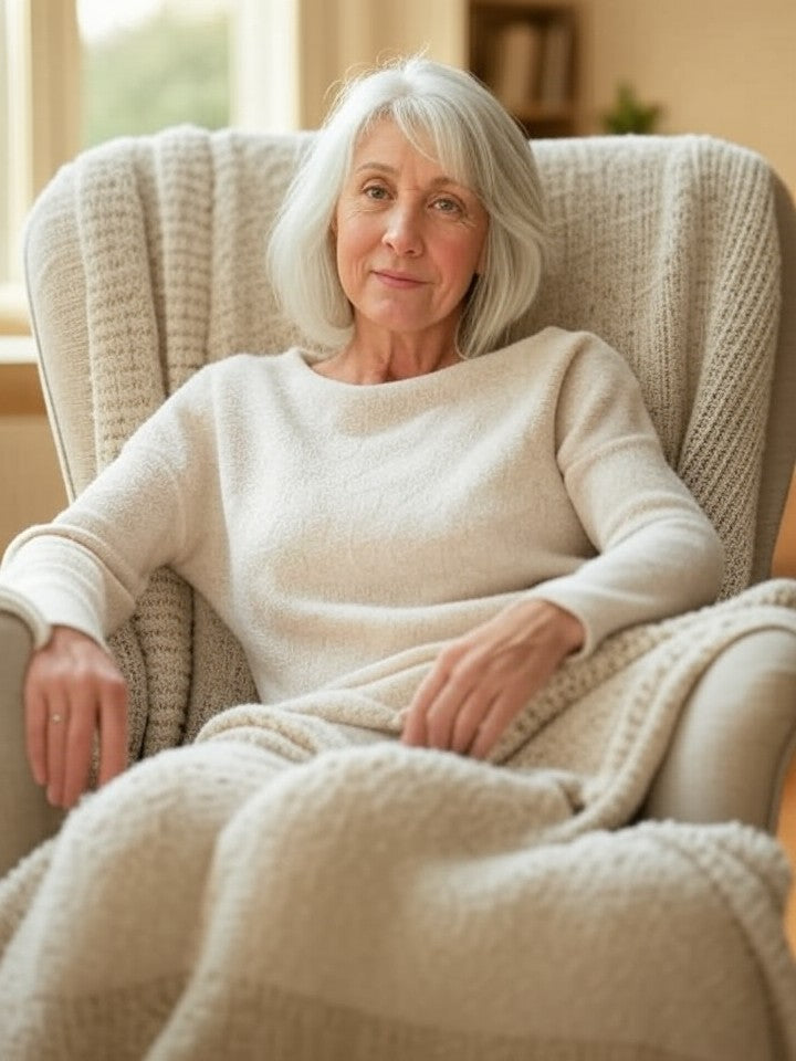 Personne senior sereine à domicile illustrant le confort quotidien avec une hernie ligne blanche