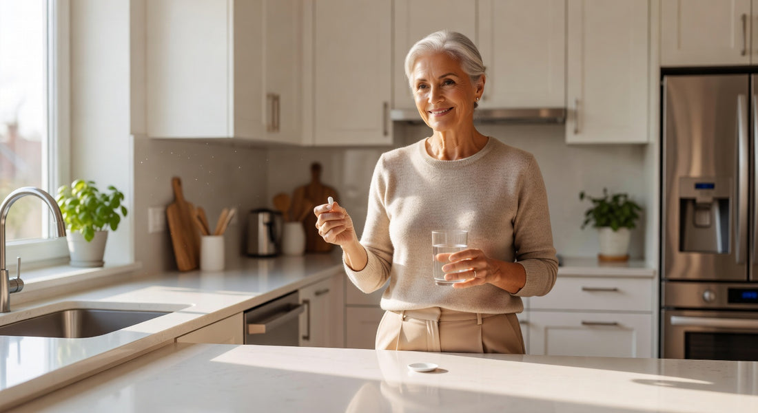 Senior prenant ses médicaments le matin avec sérénité pour gérer les effets secondaires sur la vessie