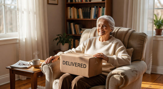 Abonnement couches avis : senior satisfait recevant livraison discrète à domicile