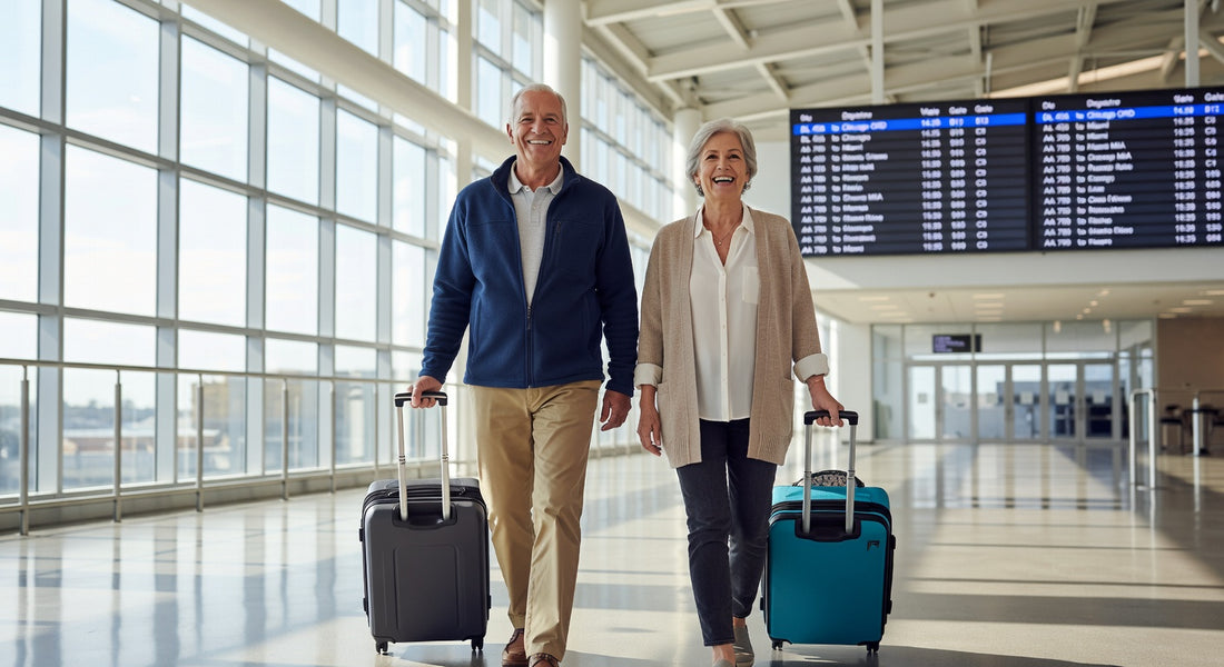 Couple de seniors souriants voyageant sereinement à l'aéroport avec leurs valises