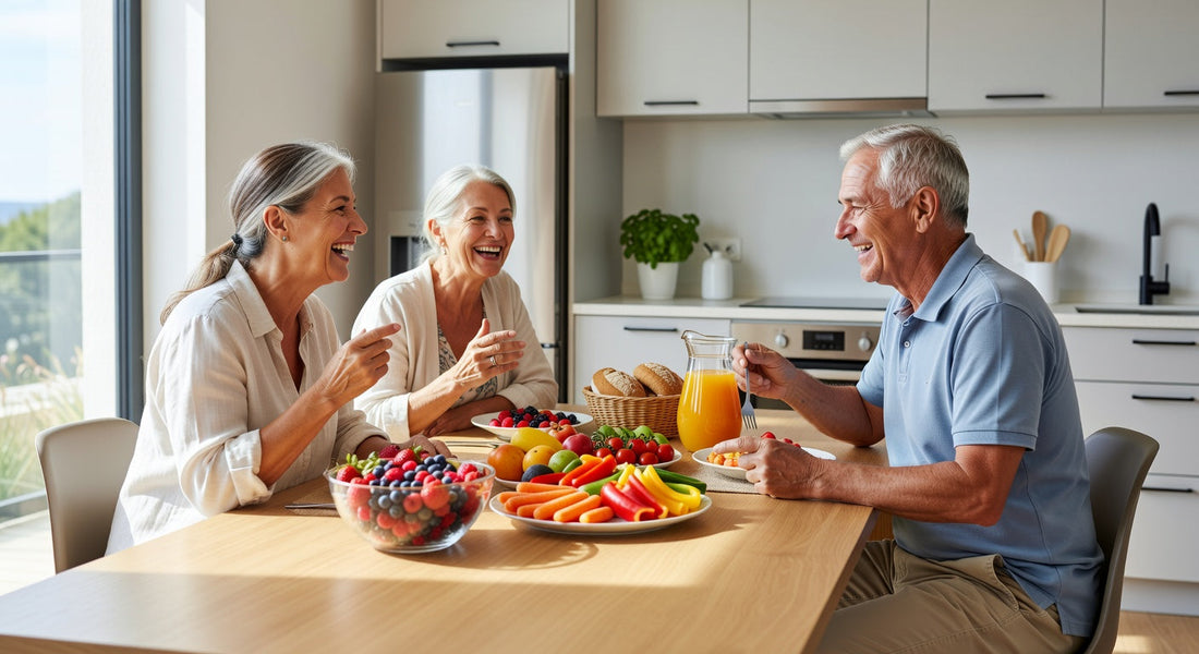 Seniors partageant un repas sain pour gérer l'alimentation et l'incontinence au quotidien