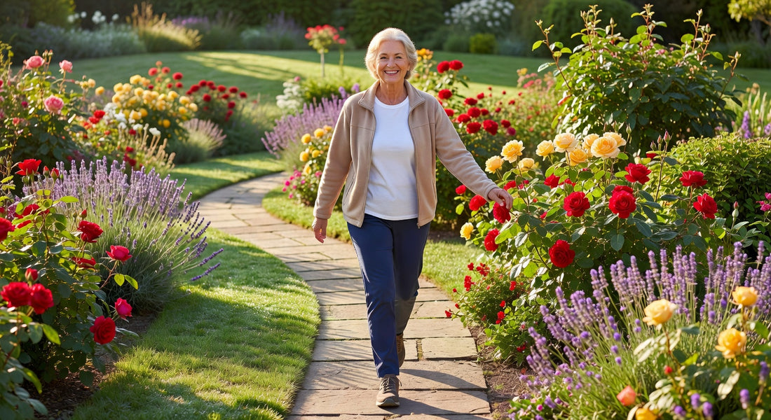 Senior active et sereine illustrant le lien entre constipation et incontinence