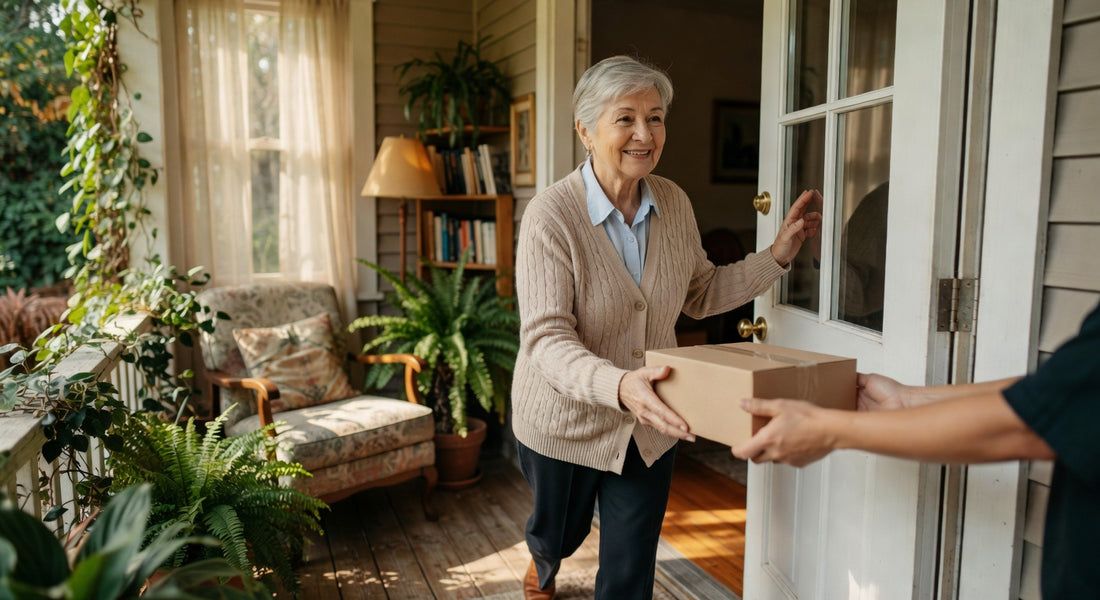 Personne senior recevant discrètement un échantillon gratuit de couche adulte à domicile