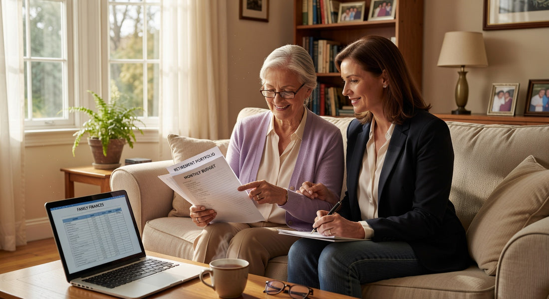 Aide financière couches adultes - Senior et aidant familial discutant du budget protections