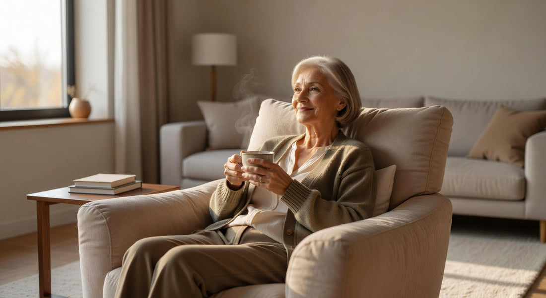 Personne senior sereine à domicile illustrant le confort et le rapport qualité prix des protections incontinence
