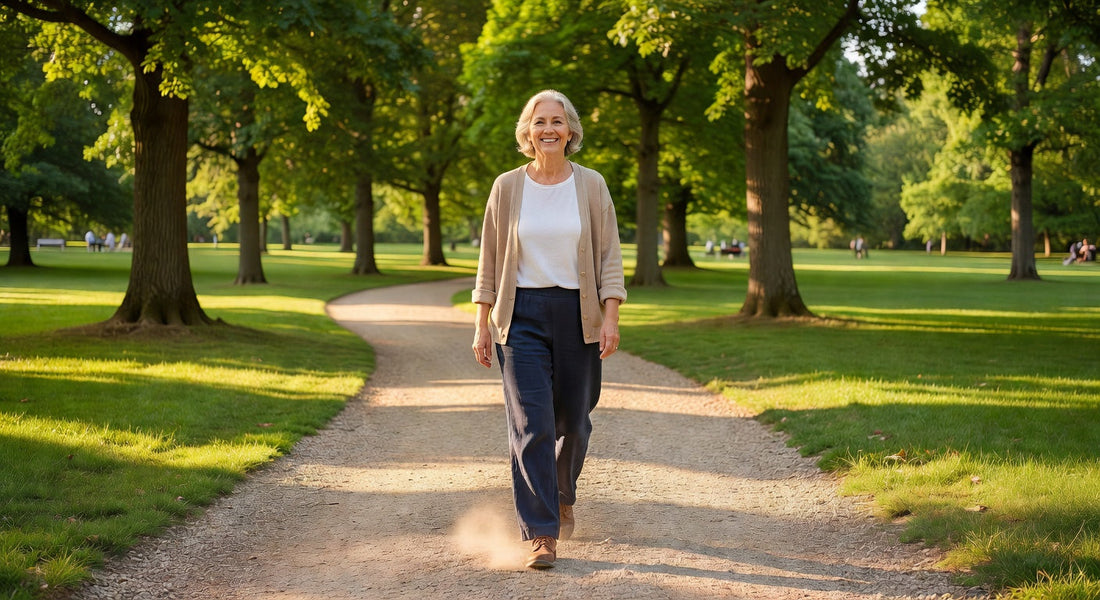 Femme senior marchant sereinement dans un parc, illustrant le bien-être malgré le prolapsus