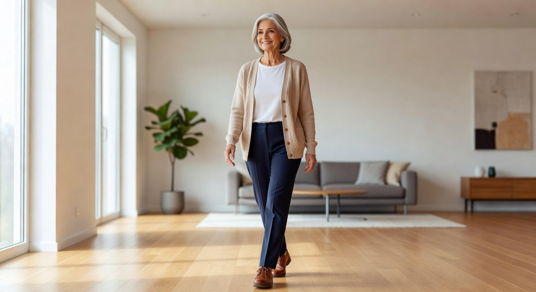Personne senior active et sereine choisissant entre change complet et pull-up pour son confort quotidien